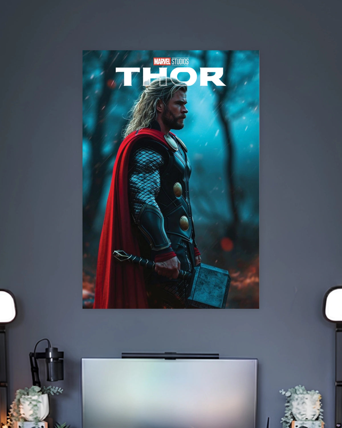 Thor Marvel Superhero Poster wall poster displayed in a contemporary interior setting 2