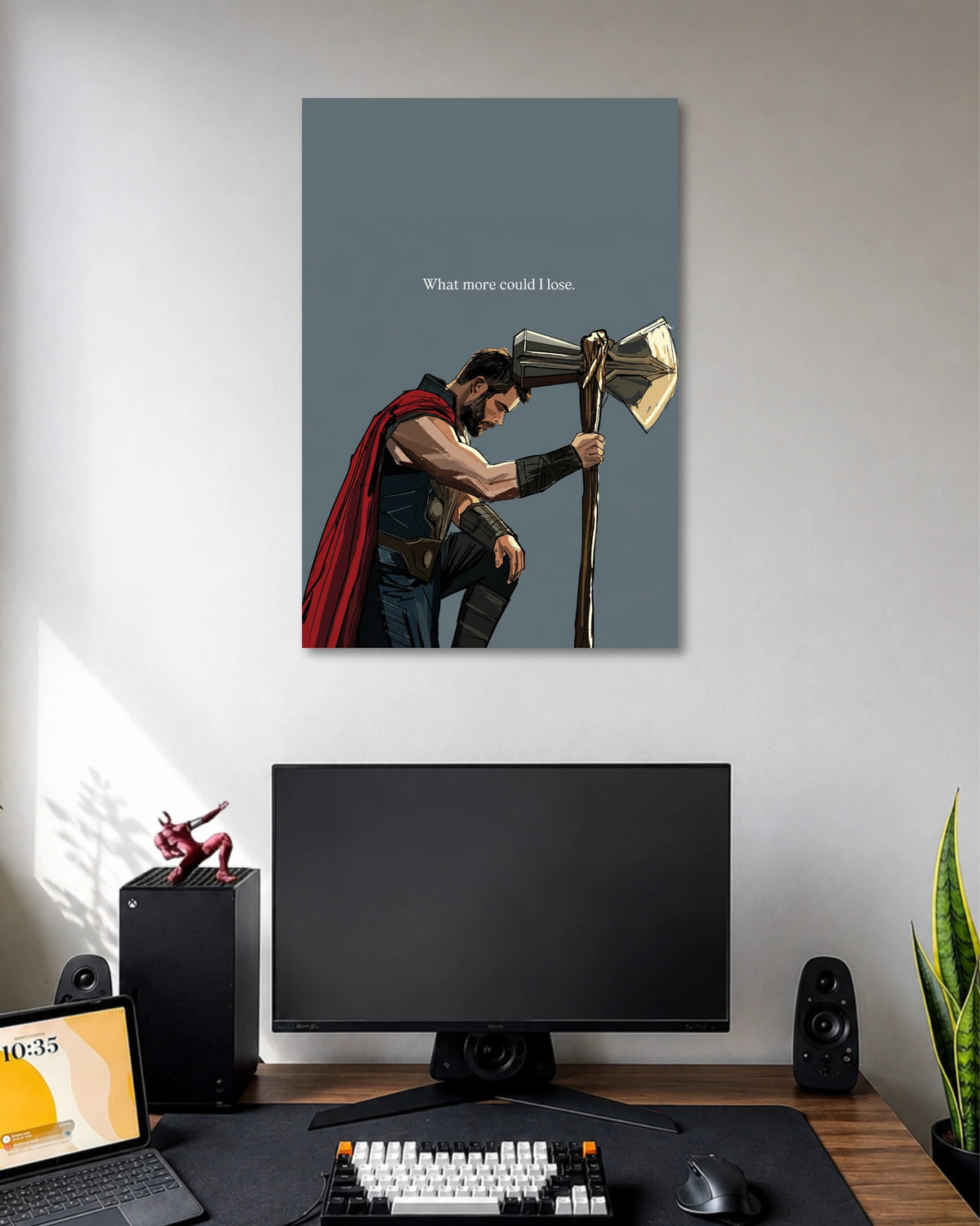Thor Stormbreaker Quote Poster poster design: Capture Thor's emotional side with this poster showing him kneeling beside Stormbreaker. The powerful composition and “What more could I lose” quote create a dramatic tribute to the Marvel superhero.