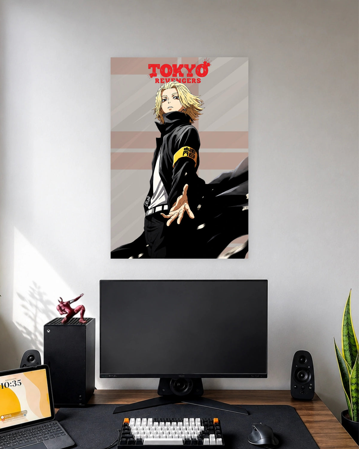 Tokyo Revengers Mikey Reach Out Poster wall poster displayed in a modern minimalist workspace setup 1