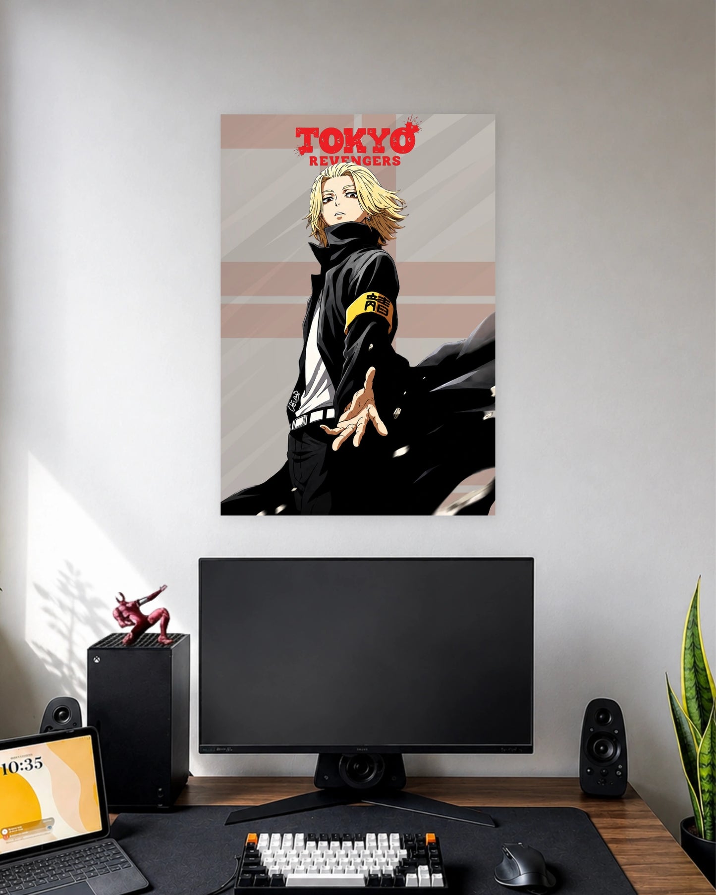 Tokyo Revengers Mikey Reach Out Poster wall poster displayed in a modern minimalist workspace setup 1