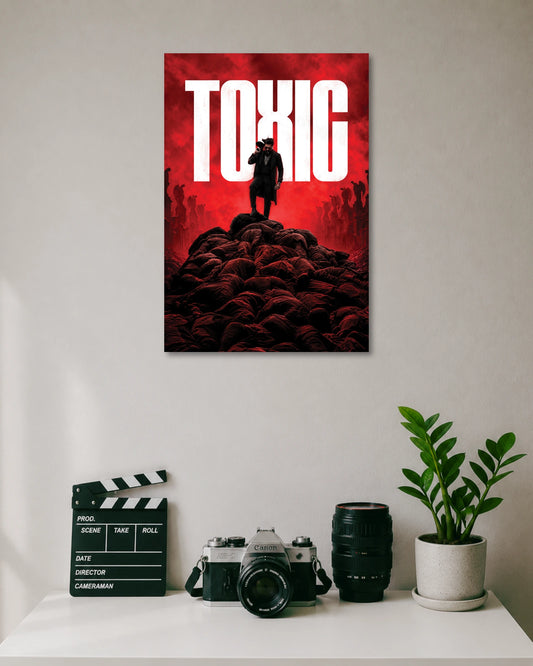 Toxic Red Smoke Movie Poster poster design: Bold white Toxic lettering, red smoke and a suited figure standing over a pile of bodies create a dramatic cinematic poster. The intense red and black colour palette gives the design a striking presence on your wall.