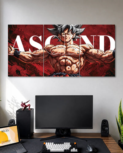 Three-panel Dragon Ball poster of silver-haired Ultra Instinct Goku stretching his arms outward against a textured red backdrop with large white Ascend lettering.