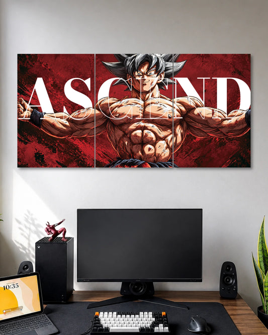Three-panel Dragon Ball poster of silver-haired Ultra Instinct Goku stretching his arms outward against a textured red backdrop with large white Ascend lettering.