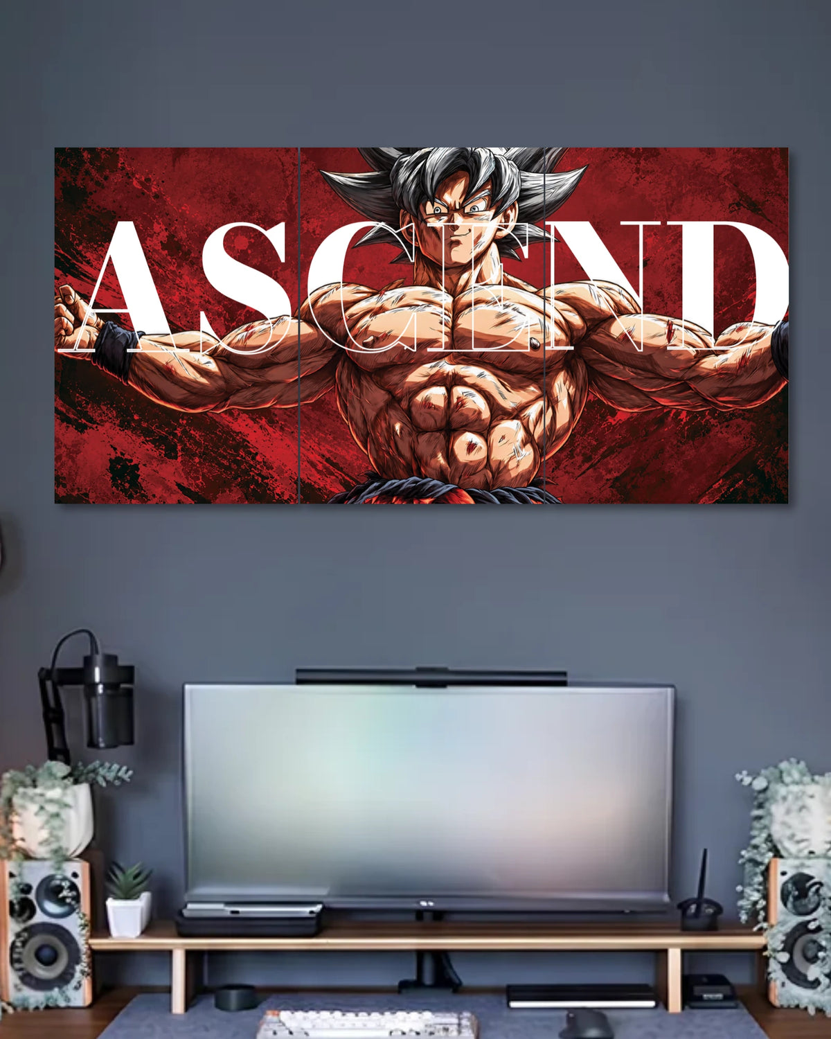 Three-panel Dragon Ball poster of silver-haired Ultra Instinct Goku stretching his arms outward against a textured red backdrop with large white Ascend lettering.