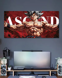Three-panel Dragon Ball poster of silver-haired Ultra Instinct Goku stretching his arms outward against a textured red backdrop with large white Ascend lettering.