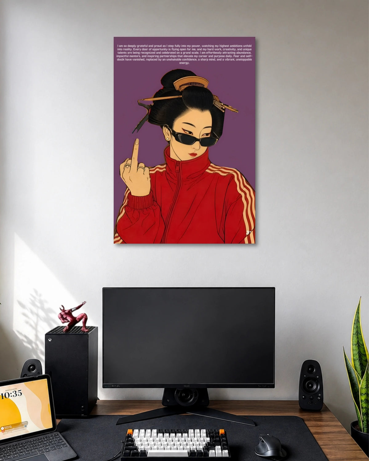 Purple illustration of a woman in narrow sunglasses, an ornate bun and a red track jacket raising her middle finger.