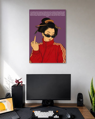 Purple illustration of a woman in narrow sunglasses, an ornate bun and a red track jacket raising her middle finger.
