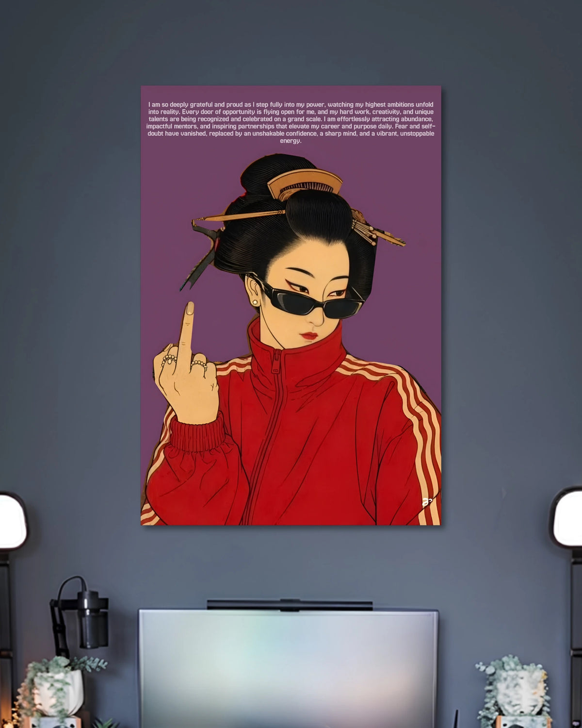 Purple illustration of a woman in narrow sunglasses, an ornate bun and a red track jacket raising her middle finger.