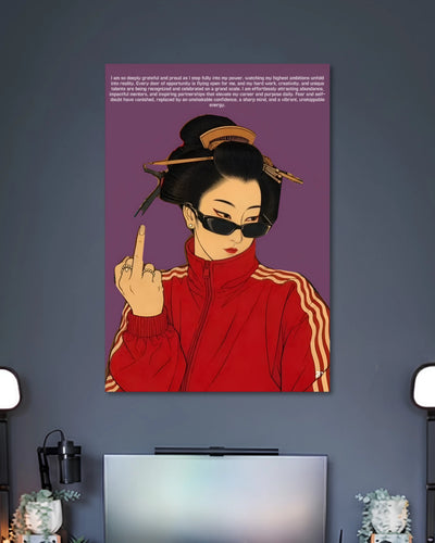 Purple illustration of a woman in narrow sunglasses, an ornate bun and a red track jacket raising her middle finger.