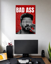 Vijay Badass Leo Poster poster design: Bring the intense style of Leo to your wall with this Vijay poster. The black and white portrait features Vijay with a barcode across his eyes, a cigarette and bold red “Bad Ass” typography, making it a striking choice for fans of the film.