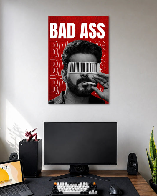 Vijay Badass Leo Poster poster design: Bring the intense style of Leo to your wall with this Vijay poster. The black and white portrait features Vijay with a barcode across his eyes, a cigarette and bold red “Bad Ass” typography, making it a striking choice for fans of the film.