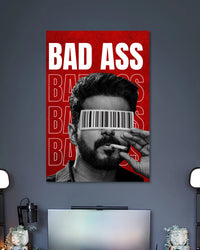 Vijay Badass Leo Poster poster design: Bring the intense style of Leo to your wall with this Vijay poster. The black and white portrait features Vijay with a barcode across his eyes, a cigarette and bold red “Bad Ass” typography, making it a striking choice for fans of the film.