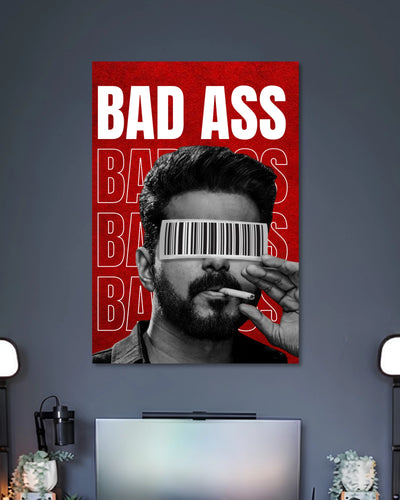Vijay Badass Leo Poster poster design: Bring the intense style of Leo to your wall with this Vijay poster. The black and white portrait features Vijay with a barcode across his eyes, a cigarette and bold red “Bad Ass” typography, making it a striking choice for fans of the film.