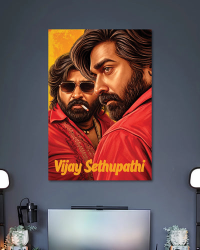Vijay Sethupathi Illustrated Portrait Poster poster design: Vijay Sethupathi appears in a detailed illustrated portrait wearing a red shirt, with another portrait of the actor in sunglasses behind him. Rich red and golden tones give the artwork a bold, cinematic look for fans.