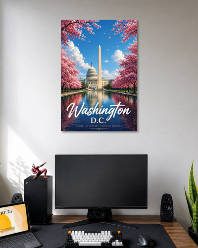 Washington DC Cherry Blossom Poster poster design: Bring the beauty of Washington D.C. to your walls with this scenic travel poster. Pink cherry blossoms frame the Washington Monument and Capitol Building, reflecting beautifully across the water. Perfect for travel lovers and city inspired room decor.