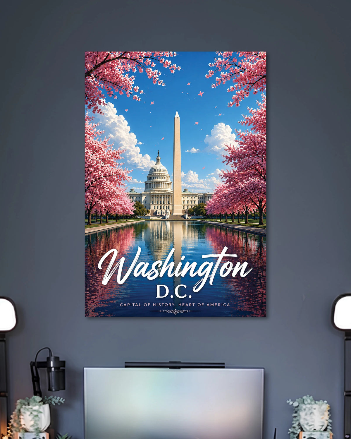 Washington DC Cherry Blossom Poster poster design: Bring the beauty of Washington D.C. to your walls with this scenic travel poster. Pink cherry blossoms frame the Washington Monument and Capitol Building, reflecting beautifully across the water. Perfect for travel lovers and city inspired room decor.