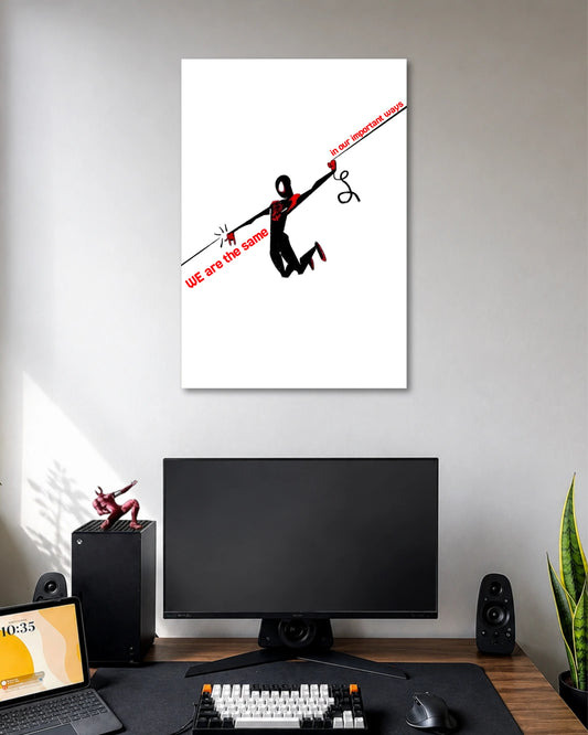 Minimal white poster showing two black human silhouettes on a diagonal line with red lettering about being the same in important ways.