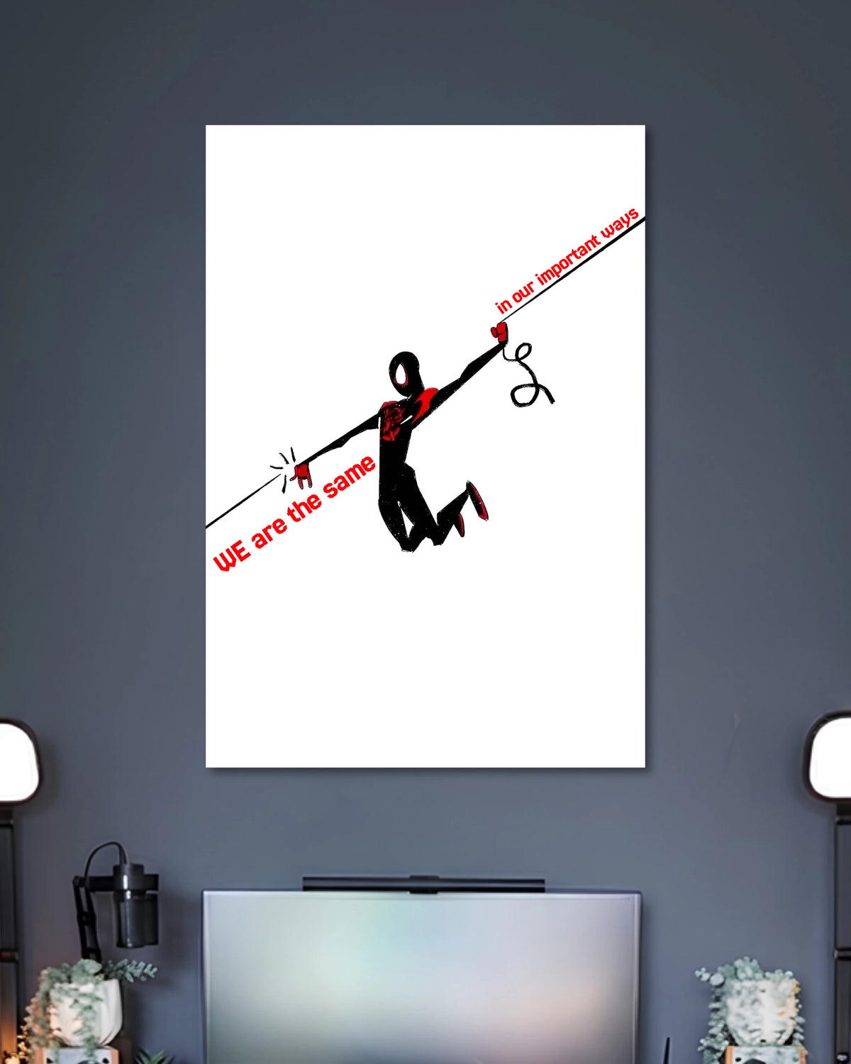 Minimal white poster showing two black human silhouettes on a diagonal line with red lettering about being the same in important ways.