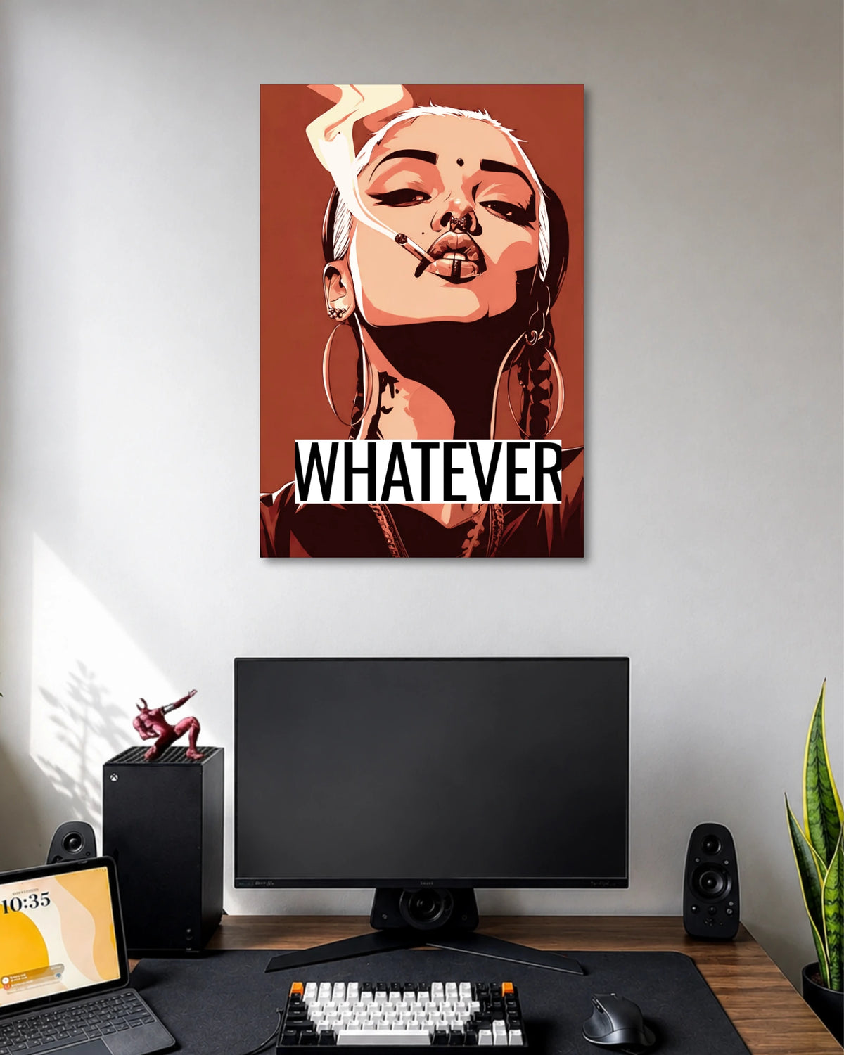 Orange-toned pop-art portrait of a woman with hoop earrings and a cigarette, with WHATEVER in black-and-white lettering.