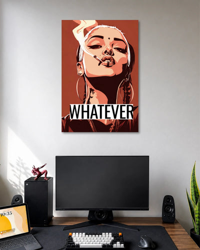 Orange-toned pop-art portrait of a woman with hoop earrings and a cigarette, with WHATEVER in black-and-white lettering.