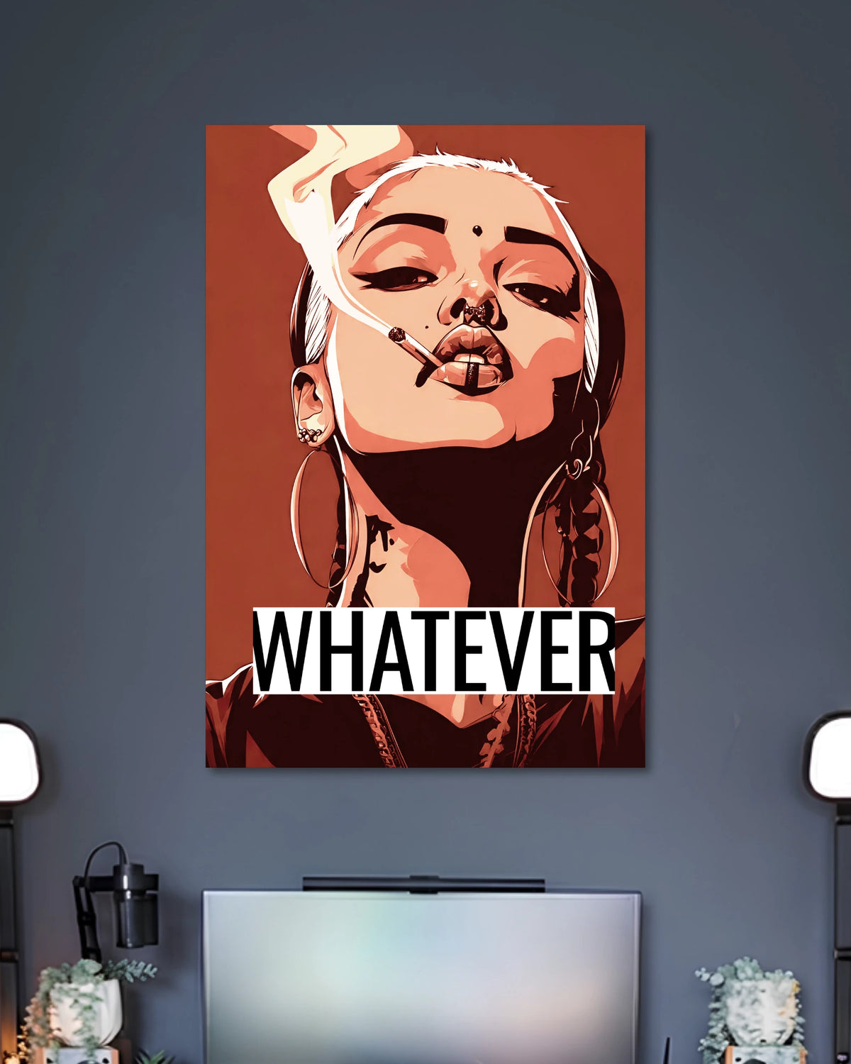 Orange-toned pop-art portrait of a woman with hoop earrings and a cigarette, with WHATEVER in black-and-white lettering.