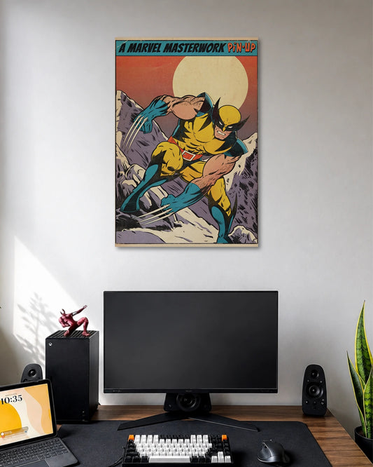 Vintage comic illustration of Wolverine in a yellow-and-blue suit crouch-running with claws extended against a rocky landscape.