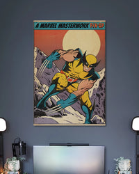 Vintage comic illustration of Wolverine in a yellow-and-blue suit crouch-running with claws extended against a rocky landscape.