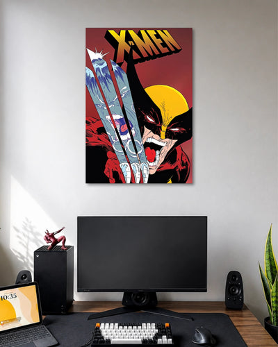 Red-and-black X-Men comic poster with snarling Wolverine, extended claws and large yellow X-MEN text.