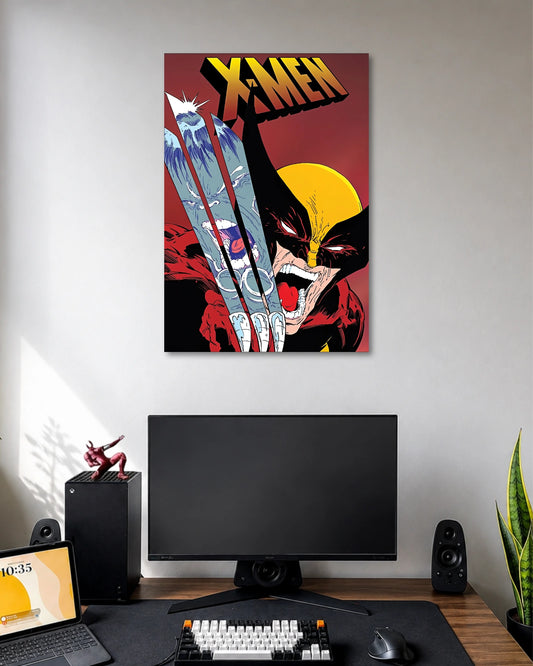 Red-and-black X-Men comic poster with snarling Wolverine, extended claws and large yellow X-MEN text.