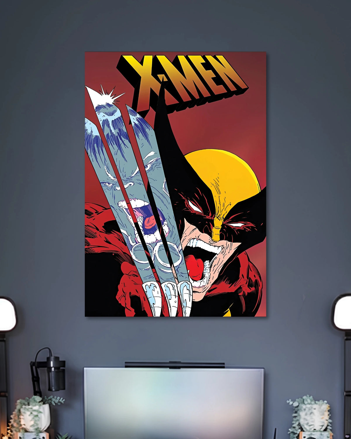 Red-and-black X-Men comic poster with snarling Wolverine, extended claws and large yellow X-MEN text.