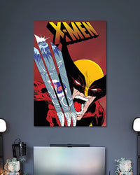 Red-and-black X-Men comic poster with snarling Wolverine, extended claws and large yellow X-MEN text.