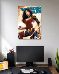 Comic illustration of Wonder Woman wearing red-and-gold armor with dark flowing hair against orange and blue action rays.