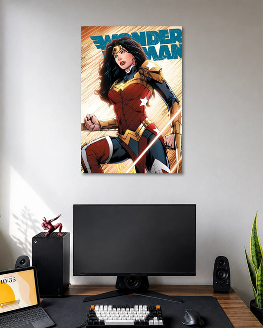 Comic illustration of Wonder Woman wearing red-and-gold armor with dark flowing hair against orange and blue action rays.