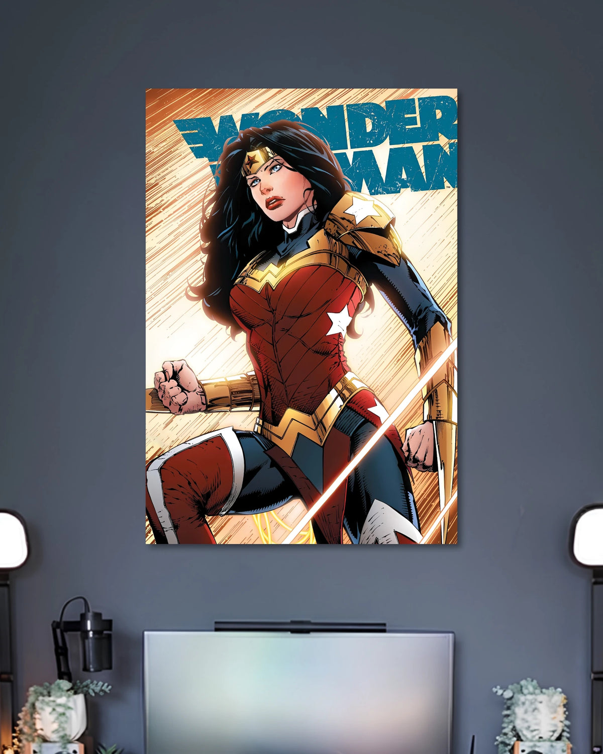 Comic illustration of Wonder Woman wearing red-and-gold armor with dark flowing hair against orange and blue action rays.