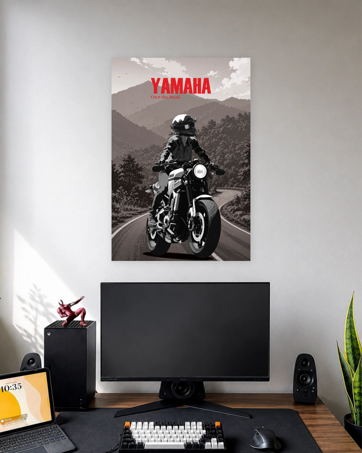 Yamaha Rider Mountain Road Poster wall poster displayed in a modern minimalist workspace setup 1