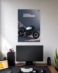 Yamaha XSR900 Shadow Garage Poster wall poster displayed in a modern minimalist workspace setup 1