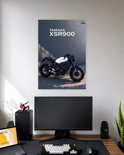Yamaha XSR900 Shadow Garage Poster wall poster displayed in a modern minimalist workspace setup 1