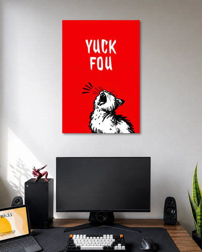 Yuck Fou Screaming Cat Poster poster design: Bring some attitude to your walls with this bright red poster featuring a black and white cat caught mid yell. The bold lettering and expressive illustration give it a playful, rebellious look that suits bedrooms, workspaces and gaming rooms.