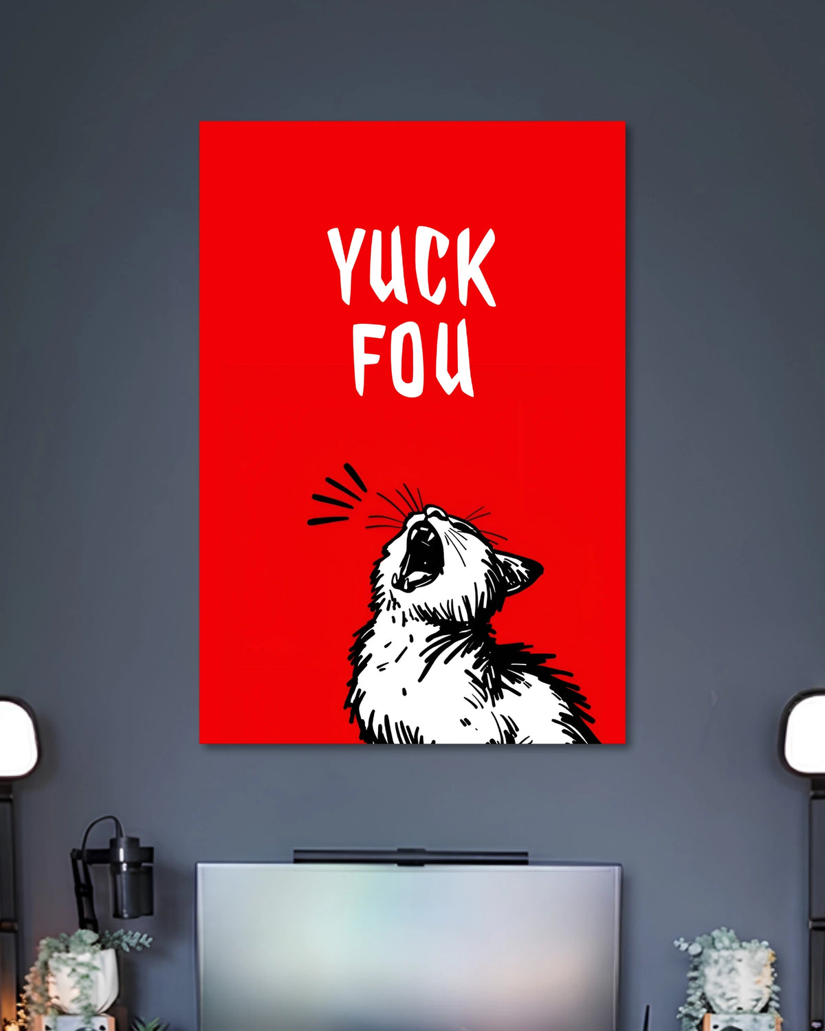 Yuck Fou Screaming Cat Poster poster design: Bring some attitude to your walls with this bright red poster featuring a black and white cat caught mid yell. The bold lettering and expressive illustration give it a playful, rebellious look that suits bedrooms, workspaces and gaming rooms.