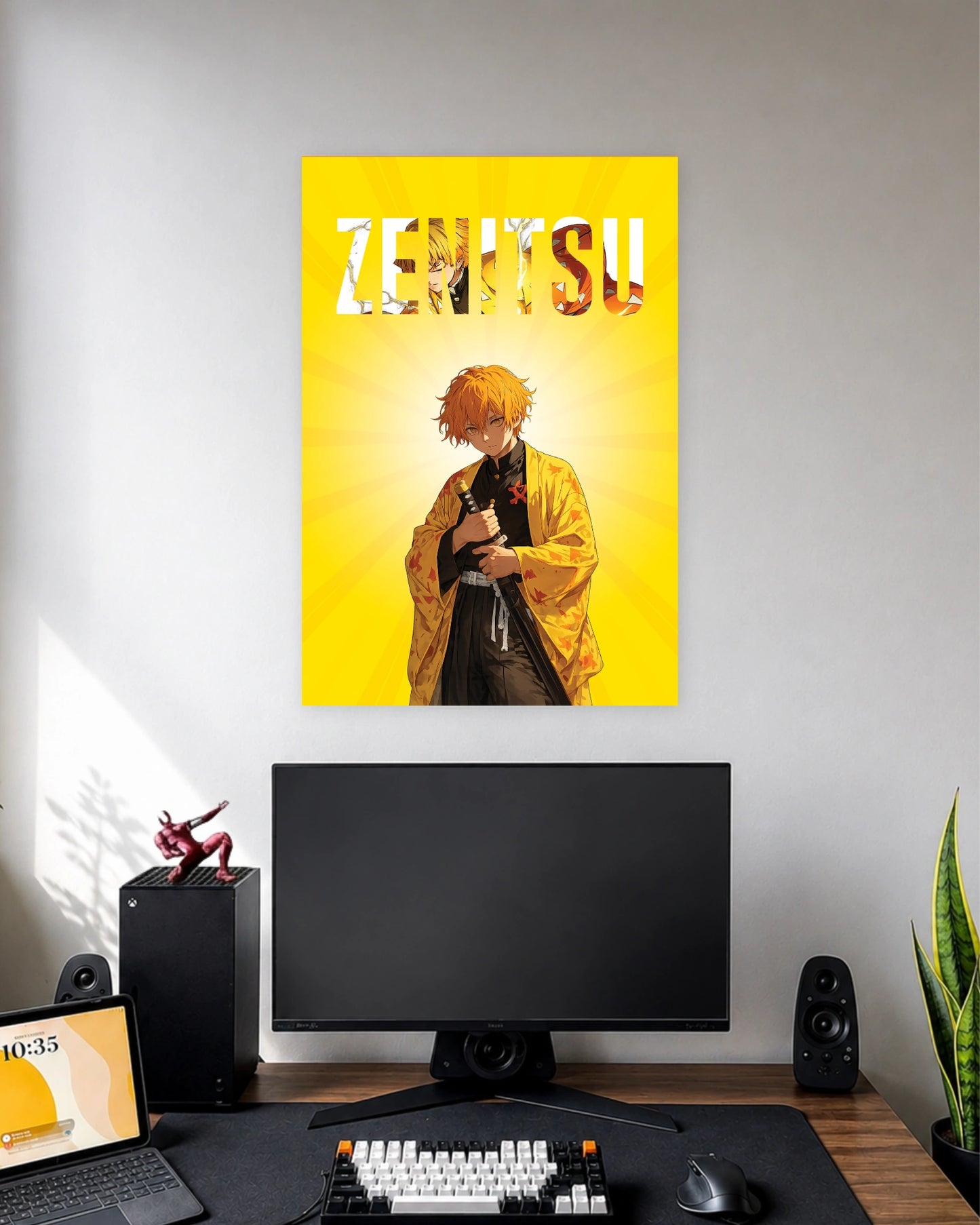 Zenitsu Lightning Yellow Poster wall poster displayed in a modern minimalist workspace setup 1
