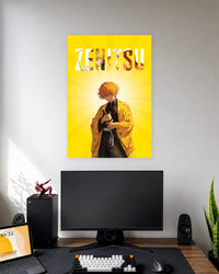 Zenitsu Lightning Yellow Poster wall poster displayed in a modern minimalist workspace setup 1