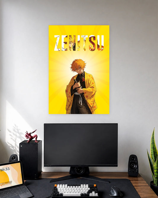 Zenitsu Lightning Yellow Poster wall poster displayed in a modern minimalist workspace setup 1