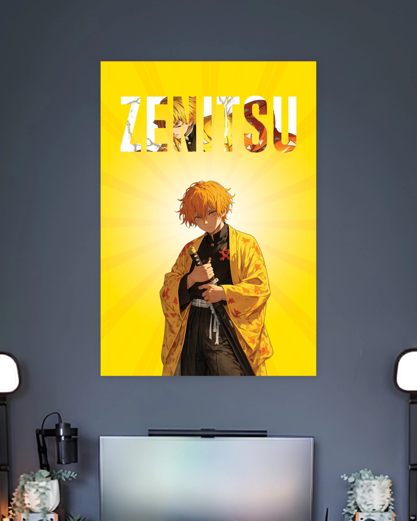 Zenitsu Lightning Yellow Poster wall poster displayed in a contemporary interior setting 2