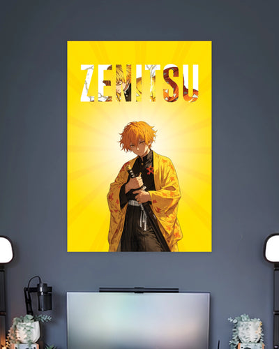 Zenitsu Lightning Yellow Poster wall poster displayed in a contemporary interior setting 2
